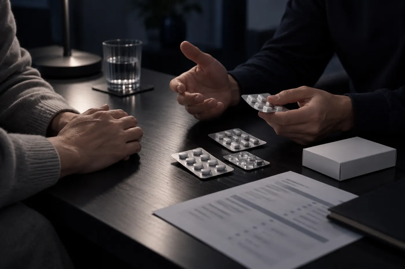Arzt und Patient besprechen am Tisch die laufende Medikation