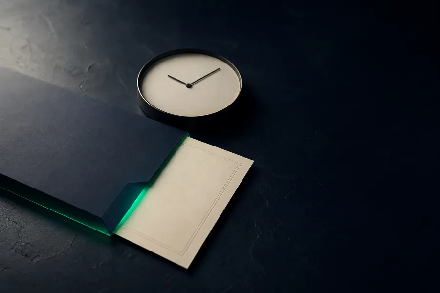 Dokument in einer Kurierhuelle neben einer Uhr