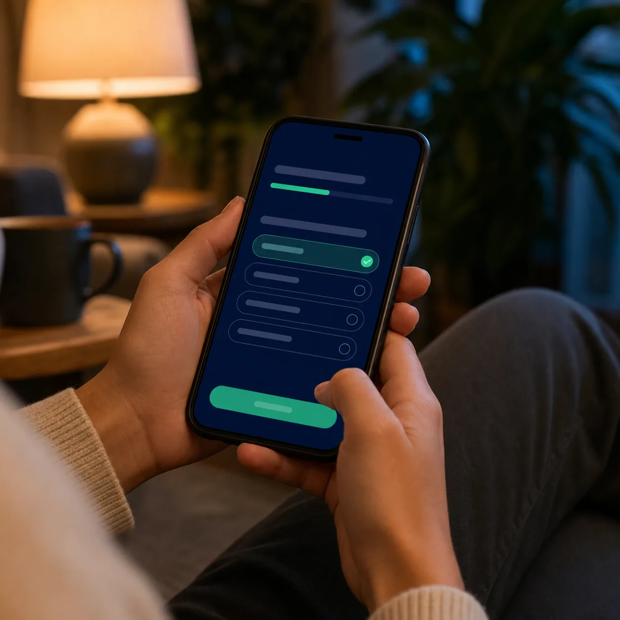 Patient füllt den Cureal Cannabis-Fragebogen entspannt am Smartphone aus
