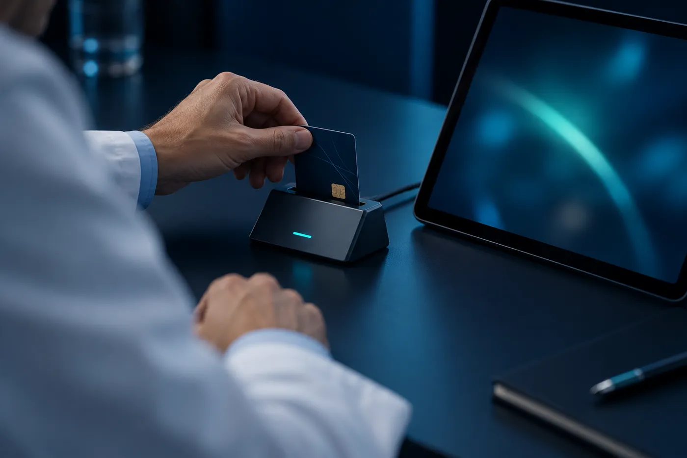 Ein Arzt steckt seine Signaturkarte in ein Kartenlesegerät neben dem Tablet