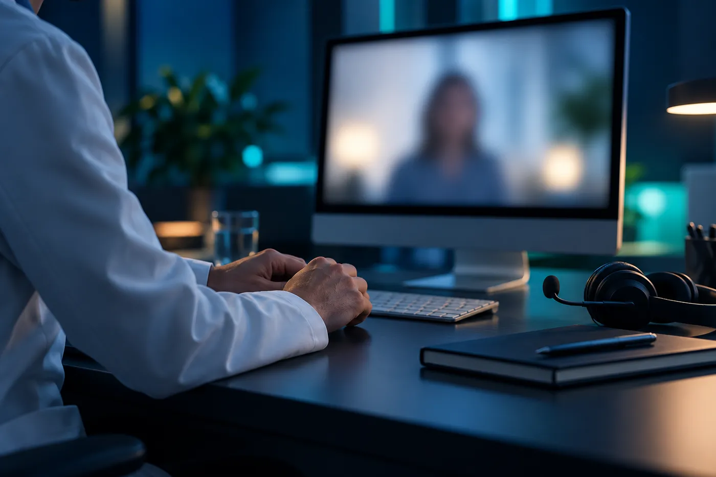 Arzt am Schreibtisch während einer Videosprechstunde, die Patientin unscharf auf dem Bildschirm
