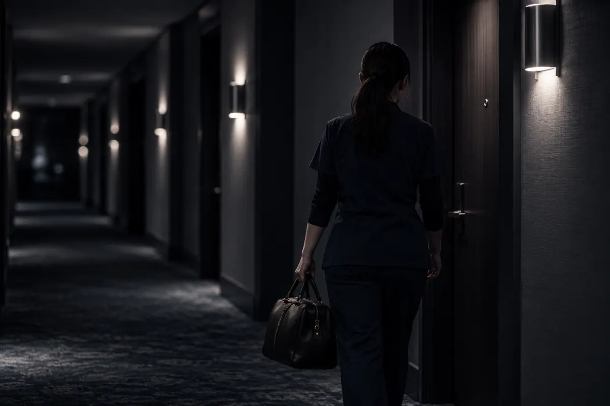 Ärztin mit Arzttasche auf dem ruhigen Flur eines Hotels auf dem Weg zum Zimmer