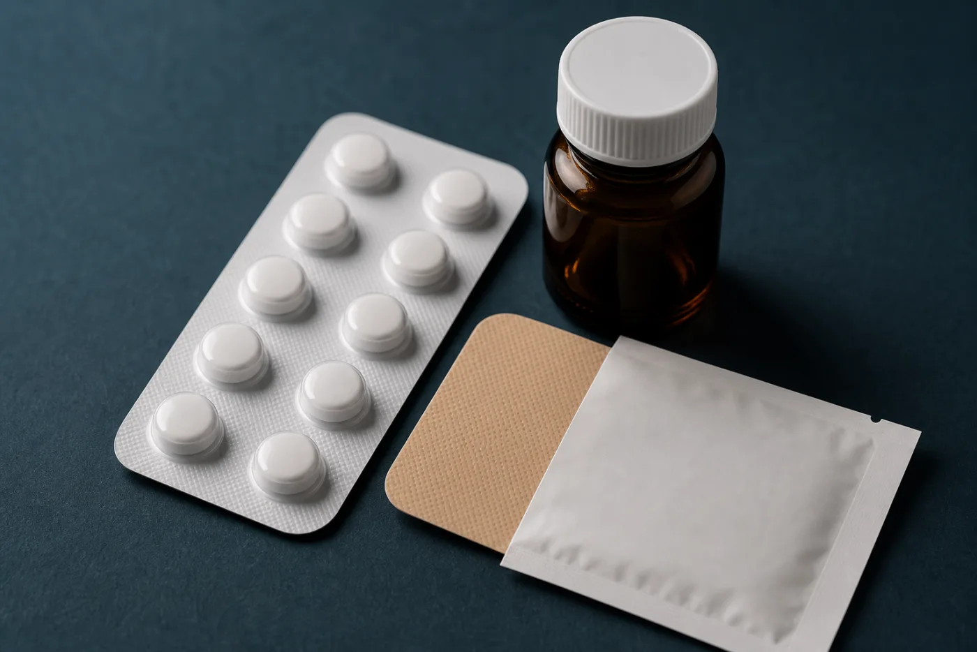 Tablettenblister, Nikotinpflaster und Präparatflasche nebeneinander