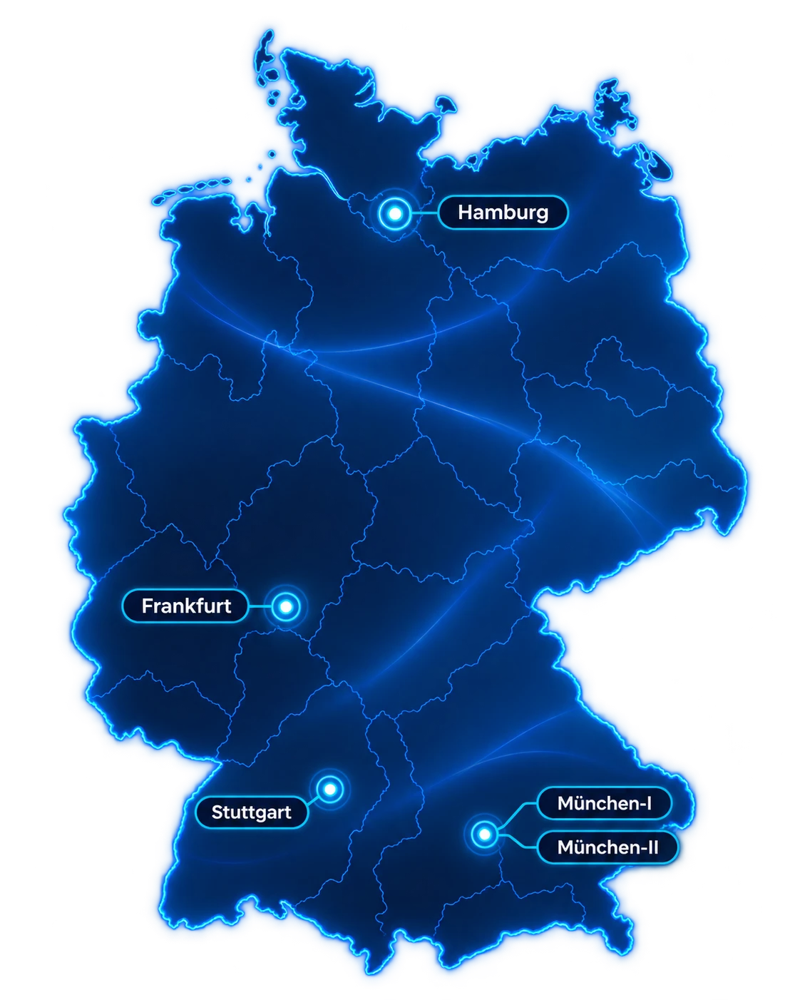 Karte von Deutschland mit den Cureal-Standorten Hamburg, Frankfurt, Stuttgart, München-I und München-II