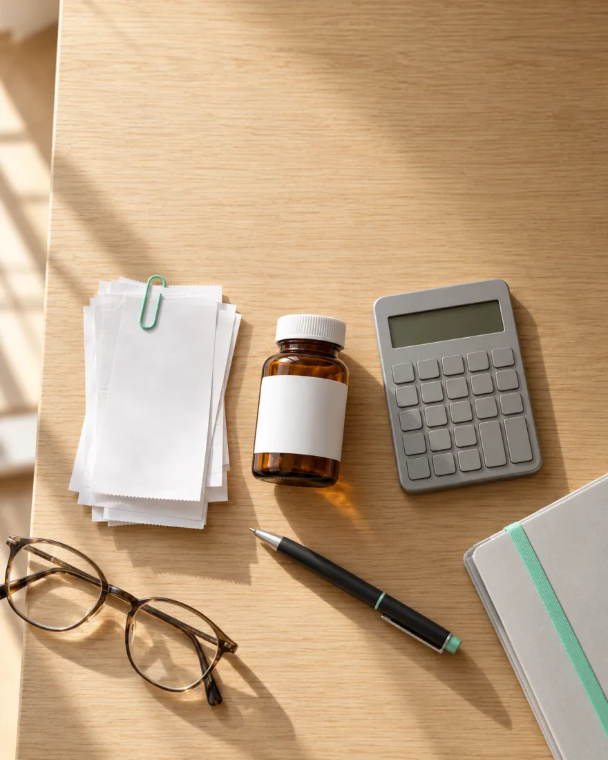 Apothekenbelege, Arzneimittelflasche und Taschenrechner auf einem Schreibtisch: Therapiekosten für die Steuererklärung sammeln